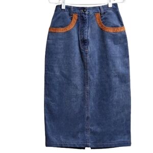 Vintage maxi denim skirt color blue with brown suede details size 4